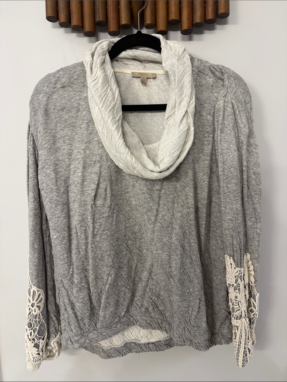 Bordeaux Gray Cowl Neck Sweater with Cream Lace Cuffs from Anthropologie